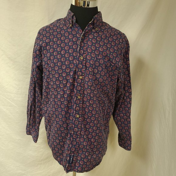Vtg Catalina Mens Large Blue Red Floral Dots Long Sleeve Button Up Shirt - Picture 13 of 14